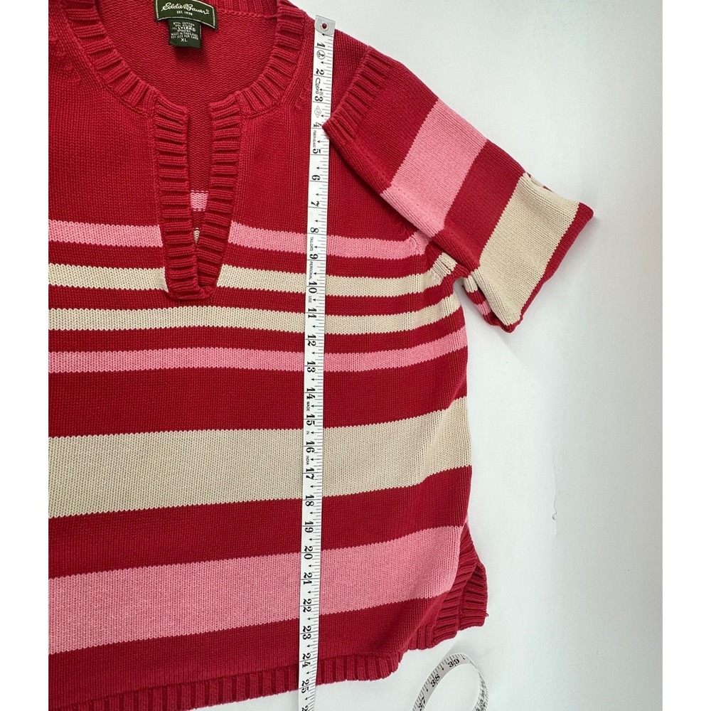 Eddie Bauer Striped Sweater Womens XL Red Pink Split V-Neck Cotton Coastal - Picture 8 of 9